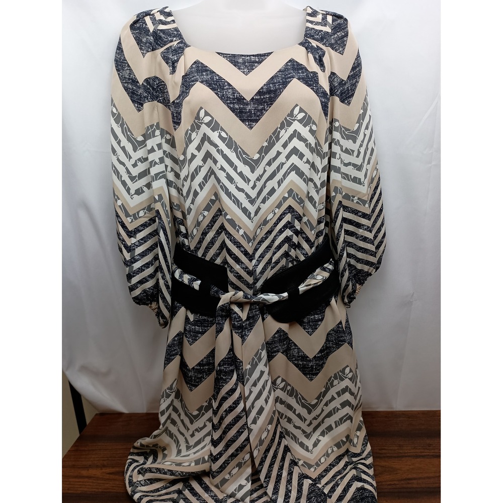 Etcetera 100% Silk Balloon Sleeve Square Neck Chevron belted Lined Shift Dress‎